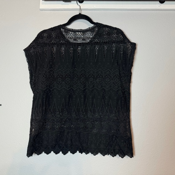 Ulla Johnson Crochet Sheer Lace Blouse Size 8 Black Cap Sleeve Floral Scalloped - Picture 6 of 12